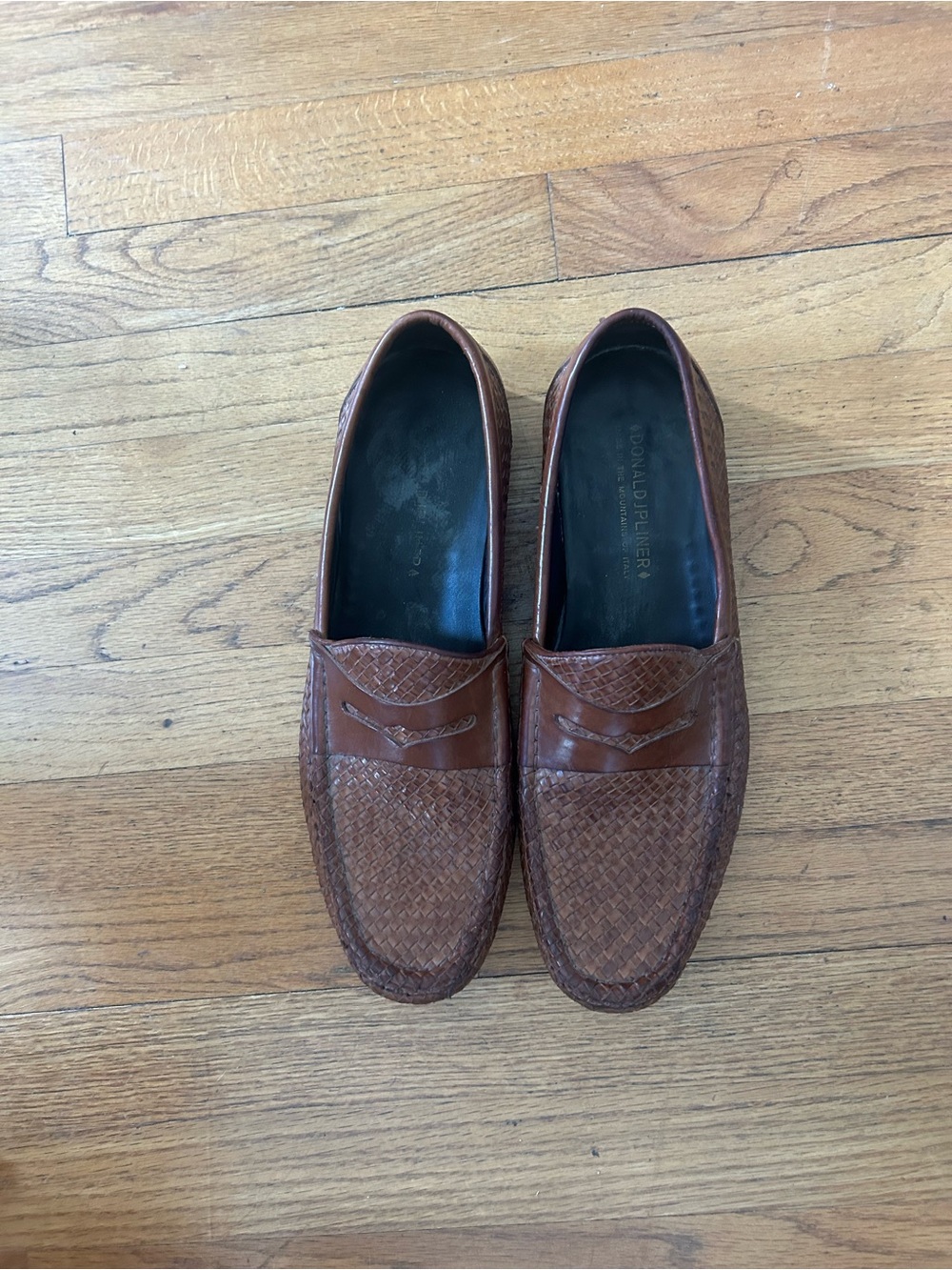 Donald J. Pliner Cognac Woven Leather Penny Loafers